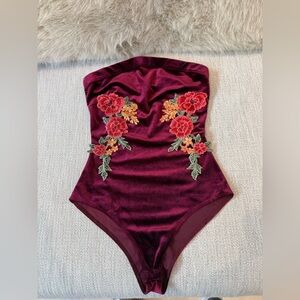 Burgundy Velvet Strapless Embroidered Floral Bodysuit